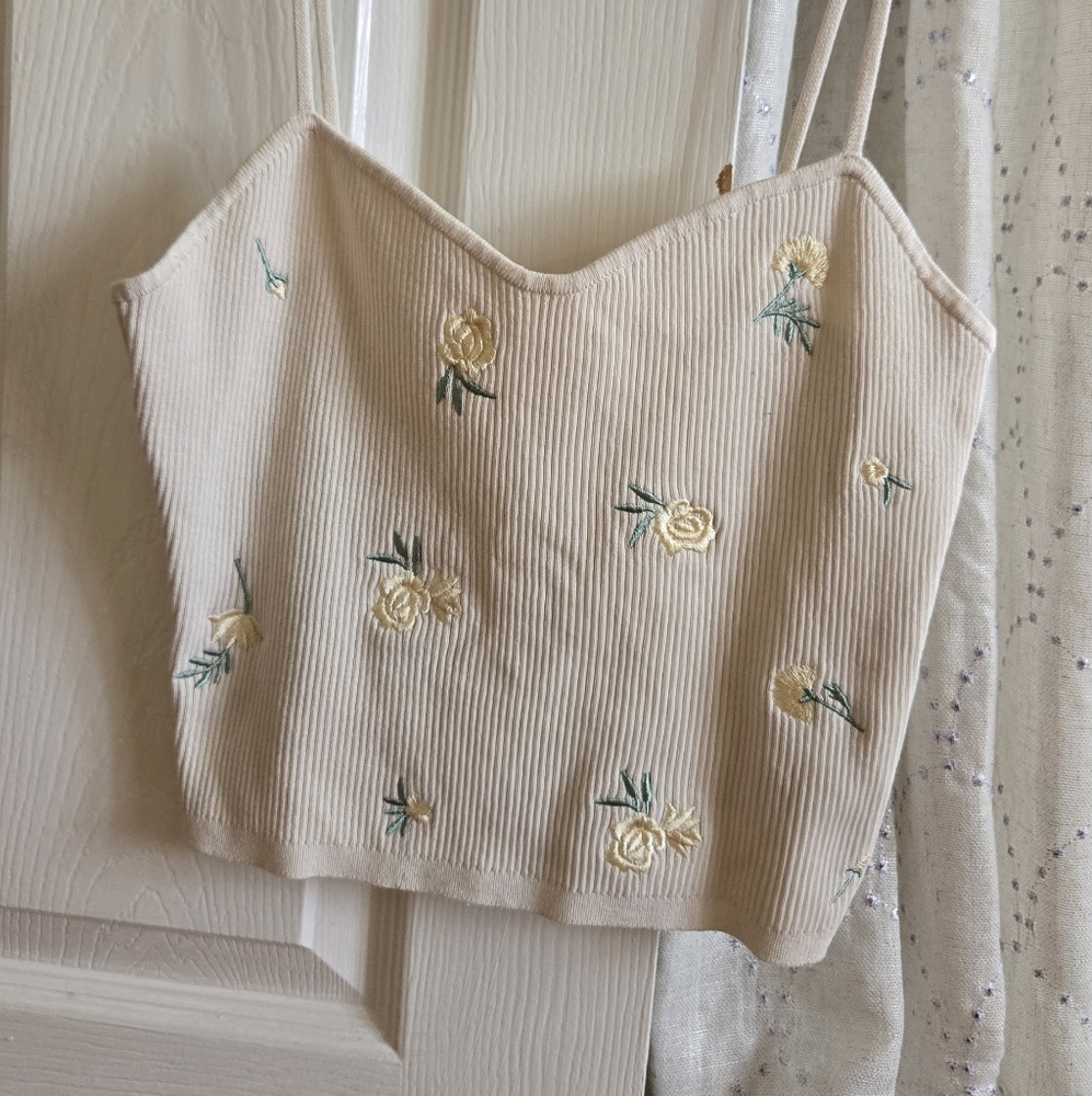 H&M Floral Embroidered Beige Crop Top